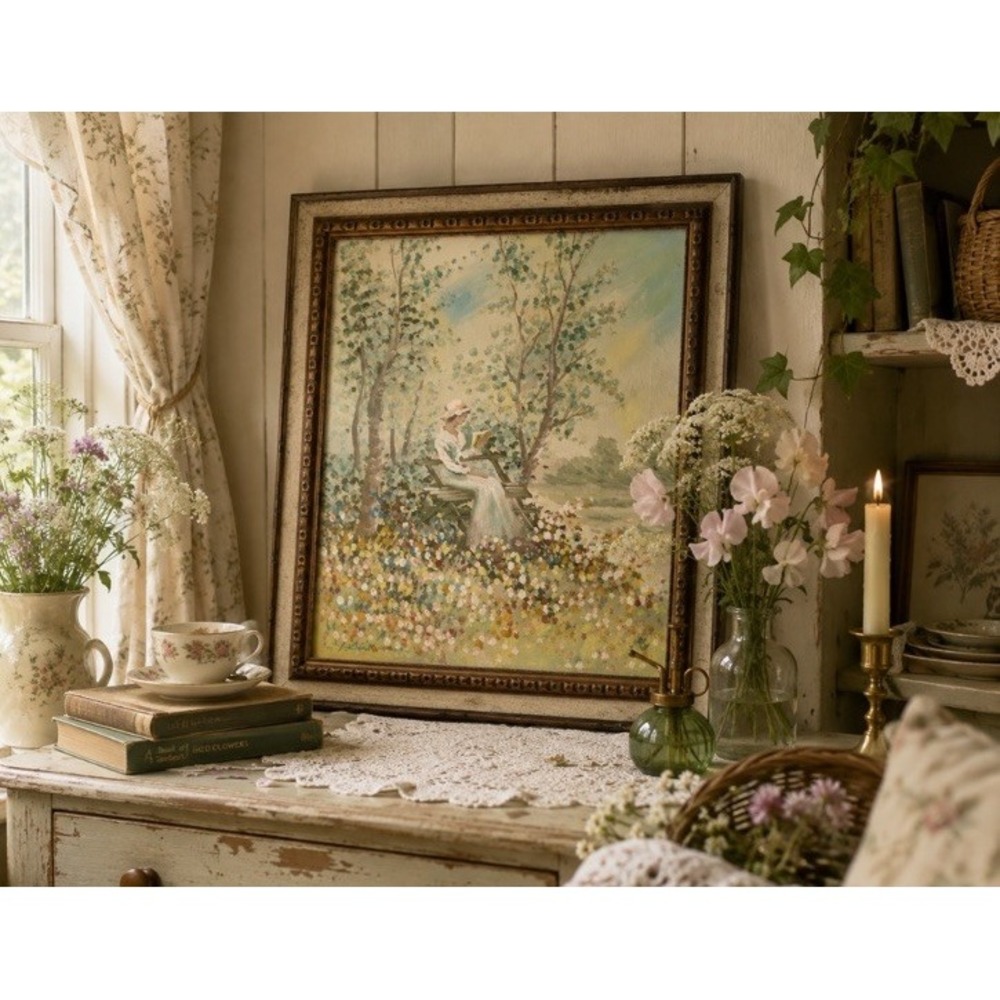 Vintage Original Painting Woman Reading Garden Wildflower Cottagecore Framed Art